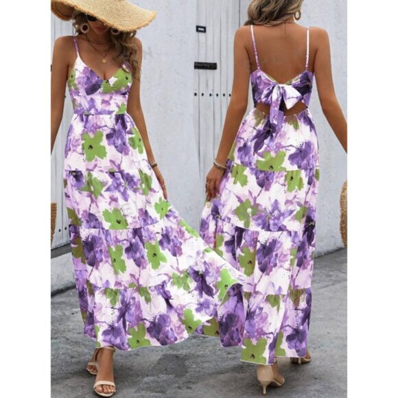Boho Floral Print Tie Back Ruffle Hem Maxi Cami Dress Purple - Picture 1 of 3